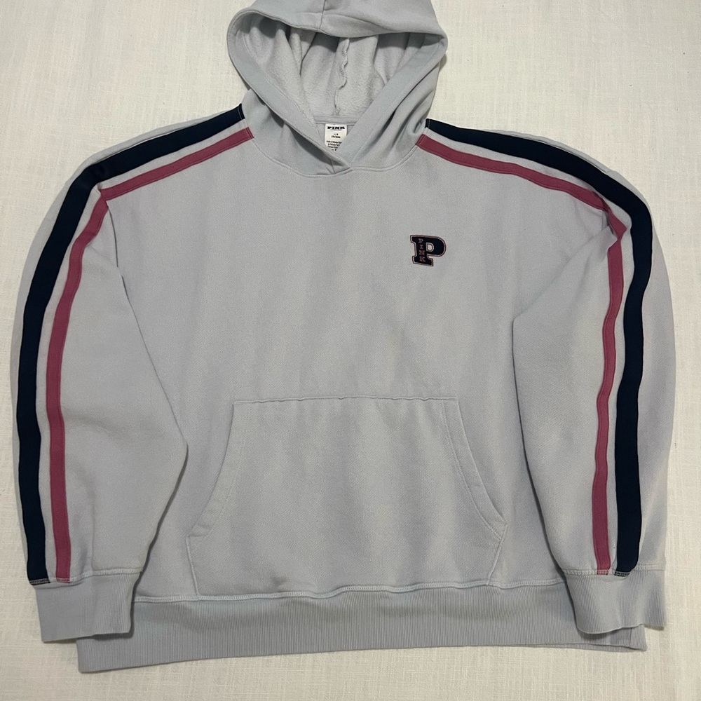PINK Victoria's Secret Gray Hoodie with Pink and Black Stripes